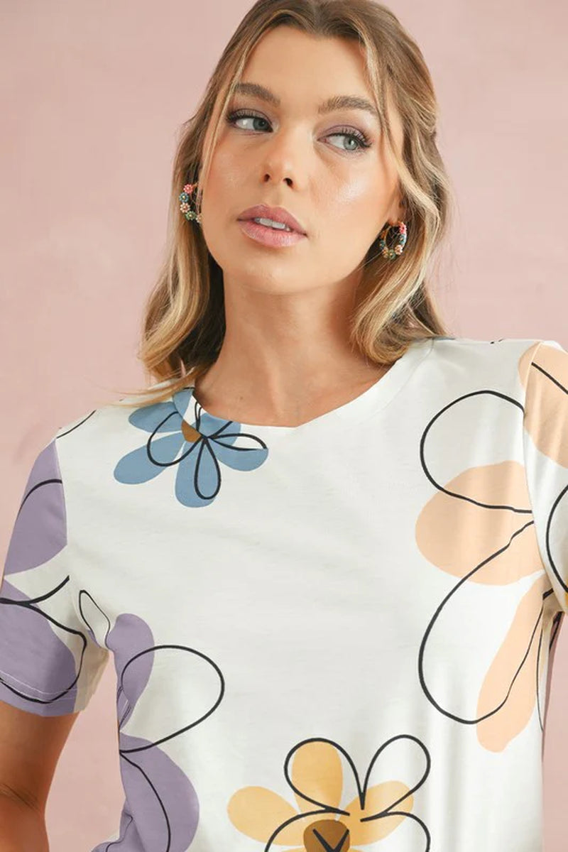 Summer Flower Print round Neck T Shirt